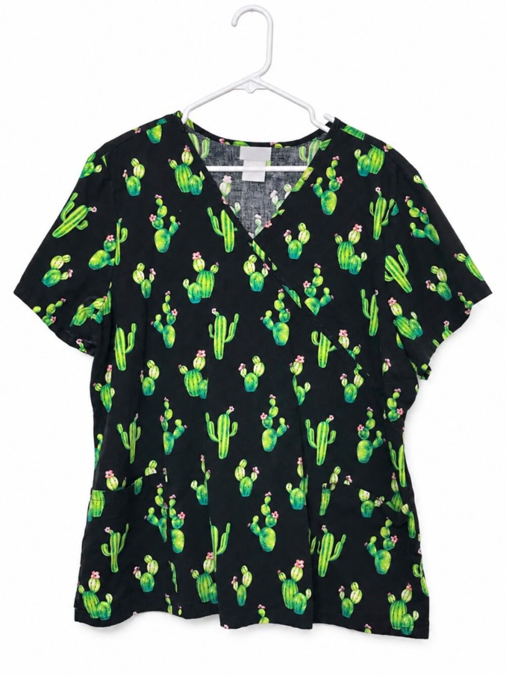 Scrubstar Cactus Print Mock Wrap Scrub Top 2XL Black Green Cotton
